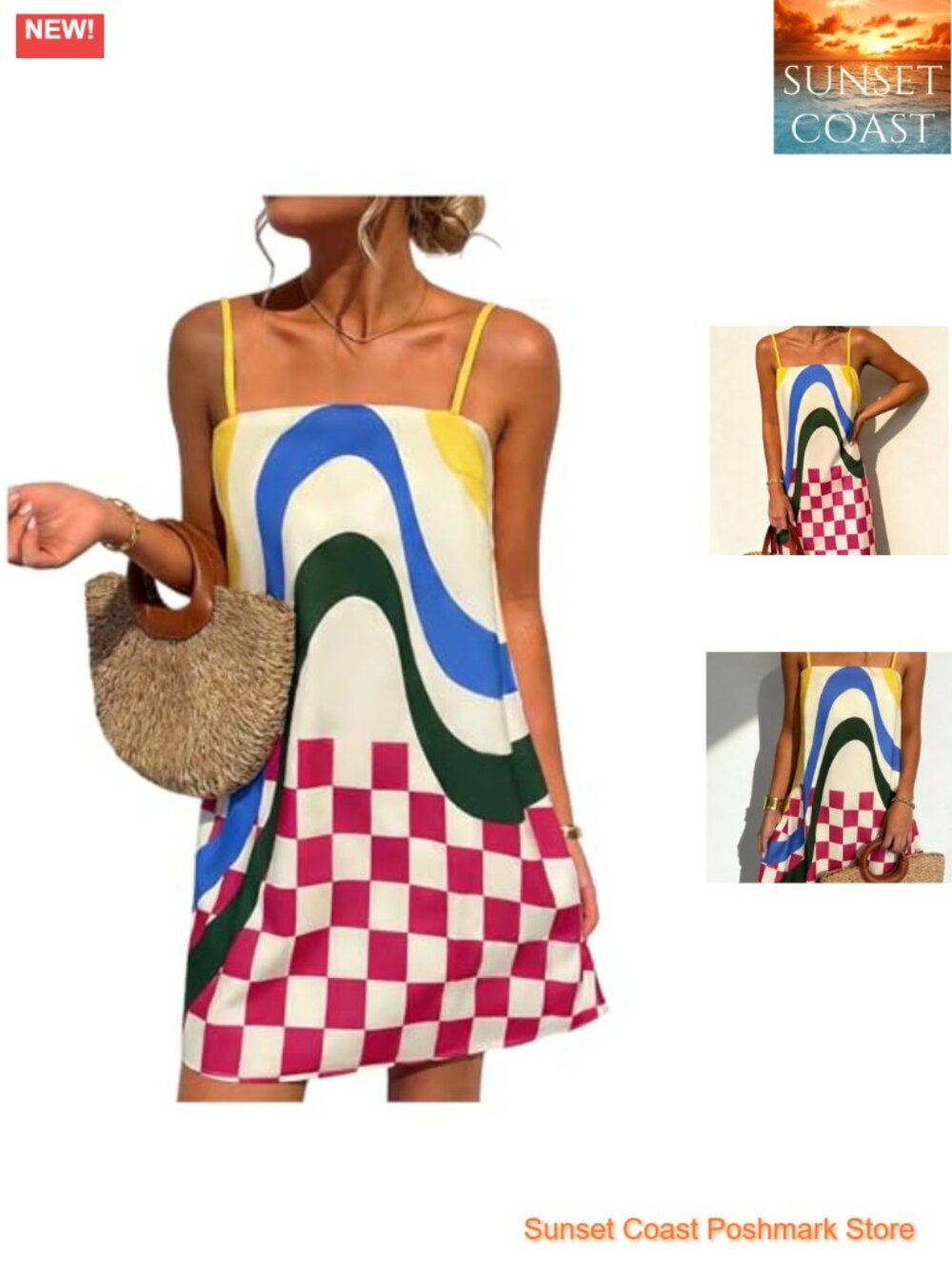 Women's Checker Print Color Block Cami Dress Mini Sleeveless